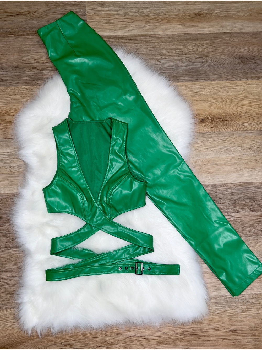 Green Faux Leather Cutout Crop Top & Pants Set